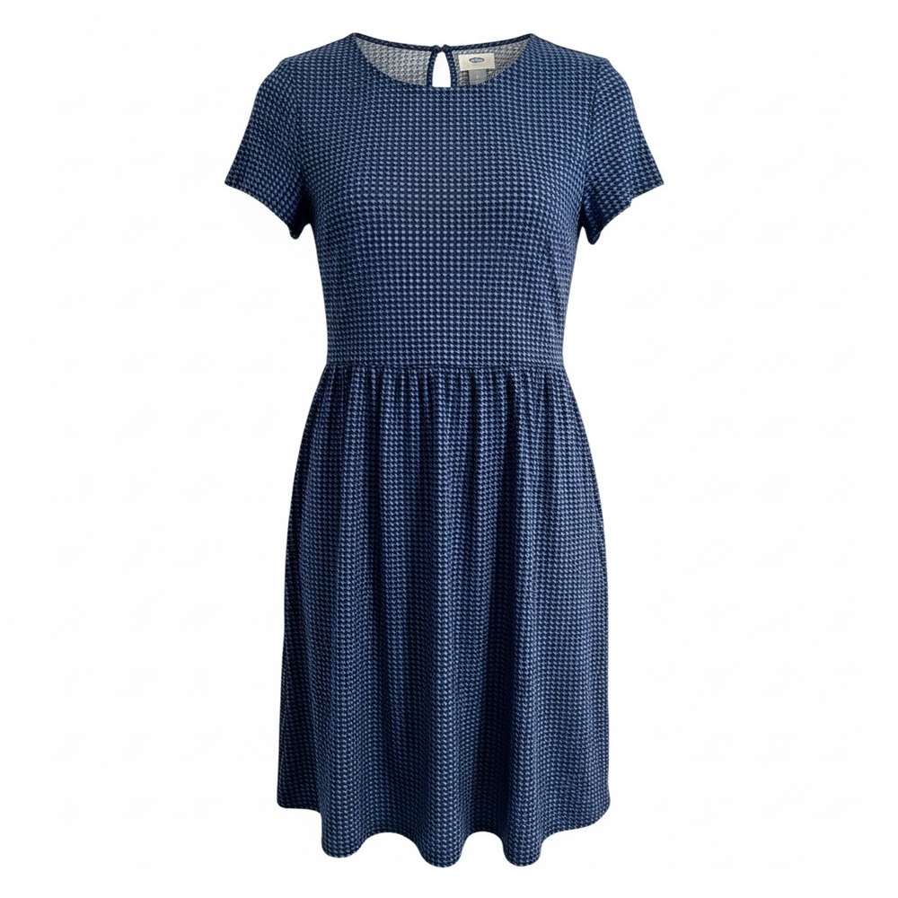 Old Navy Babydoll Dress Sz XS Blue Black Houndstooth Check Modest Prairie Chic